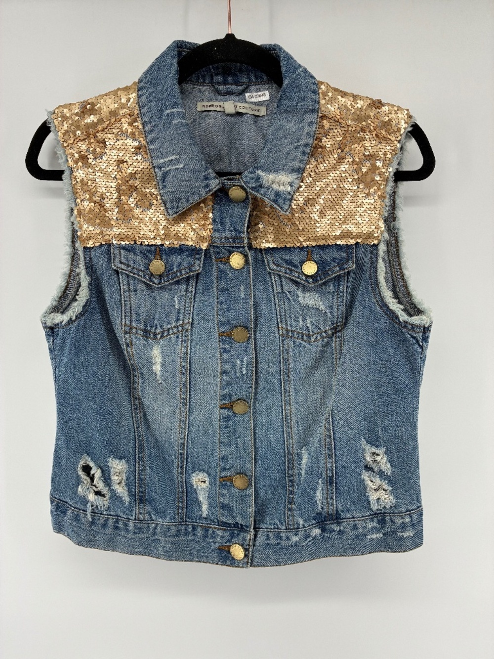 Romeo & Juliet Couture Blue Denim Vest with Gold Accents